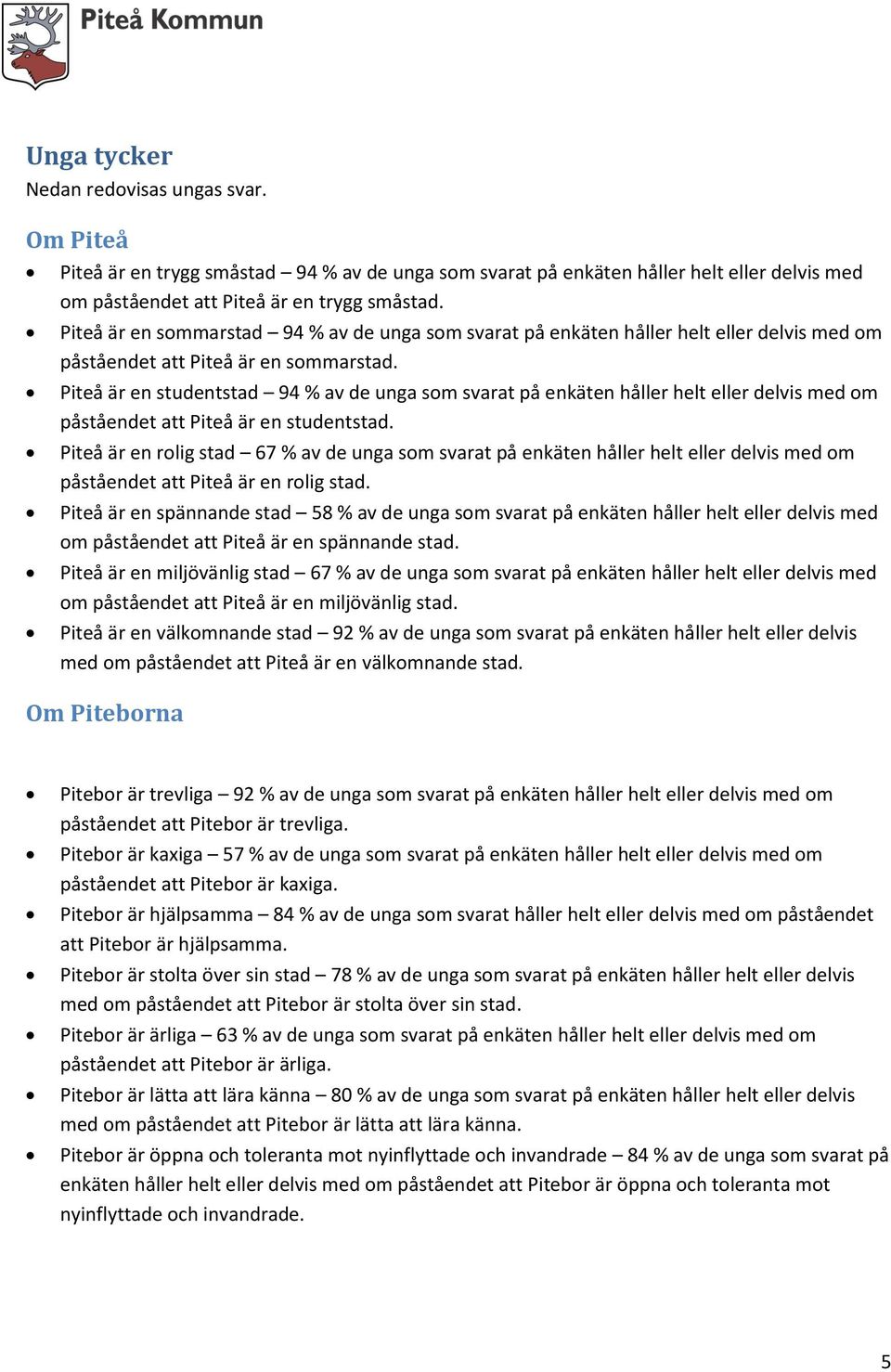 Piteå är en studentstad 94 % av de unga som svarat på enkäten håller helt eller delvis med om påståendet att Piteå är en studentstad.