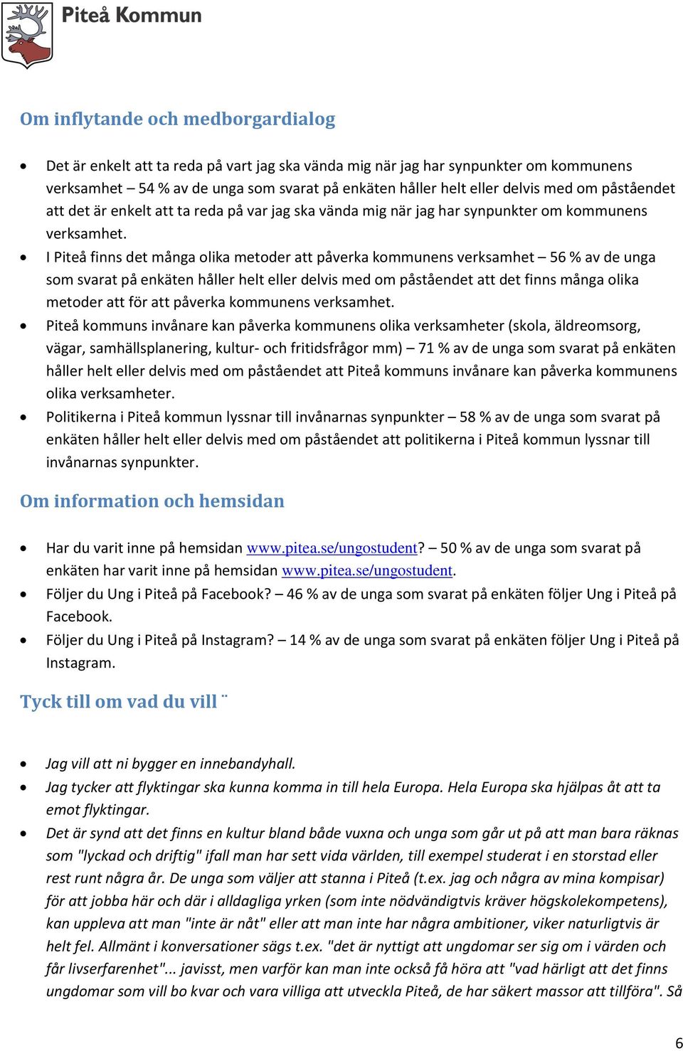 I Piteå finns det många olika metoder att påverka kommunens verksamhet 56 % av de unga som svarat på enkäten håller helt eller delvis med om påståendet att det finns många olika metoder att för att