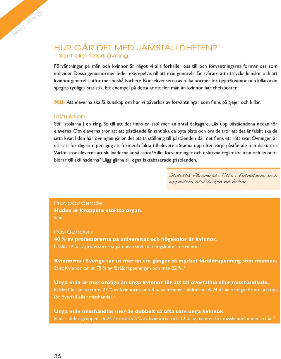 Konsekvenserna av olika normer för tjejer/kvinnor och killar/män speglas tydligt i statistik. Ett exempel på detta är att fler män än kvinnor har chefsposter.