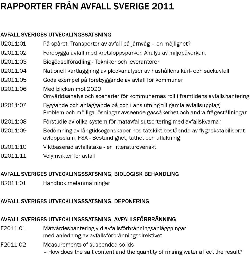 U2011:03 Biogödselförädling - Tekniker och leverantörer U2011:04 Nationell kartläggning av plockanalyser av hushållens kärl- och säckavfall U2011:05 Goda exempel på förebyggande av avfall för