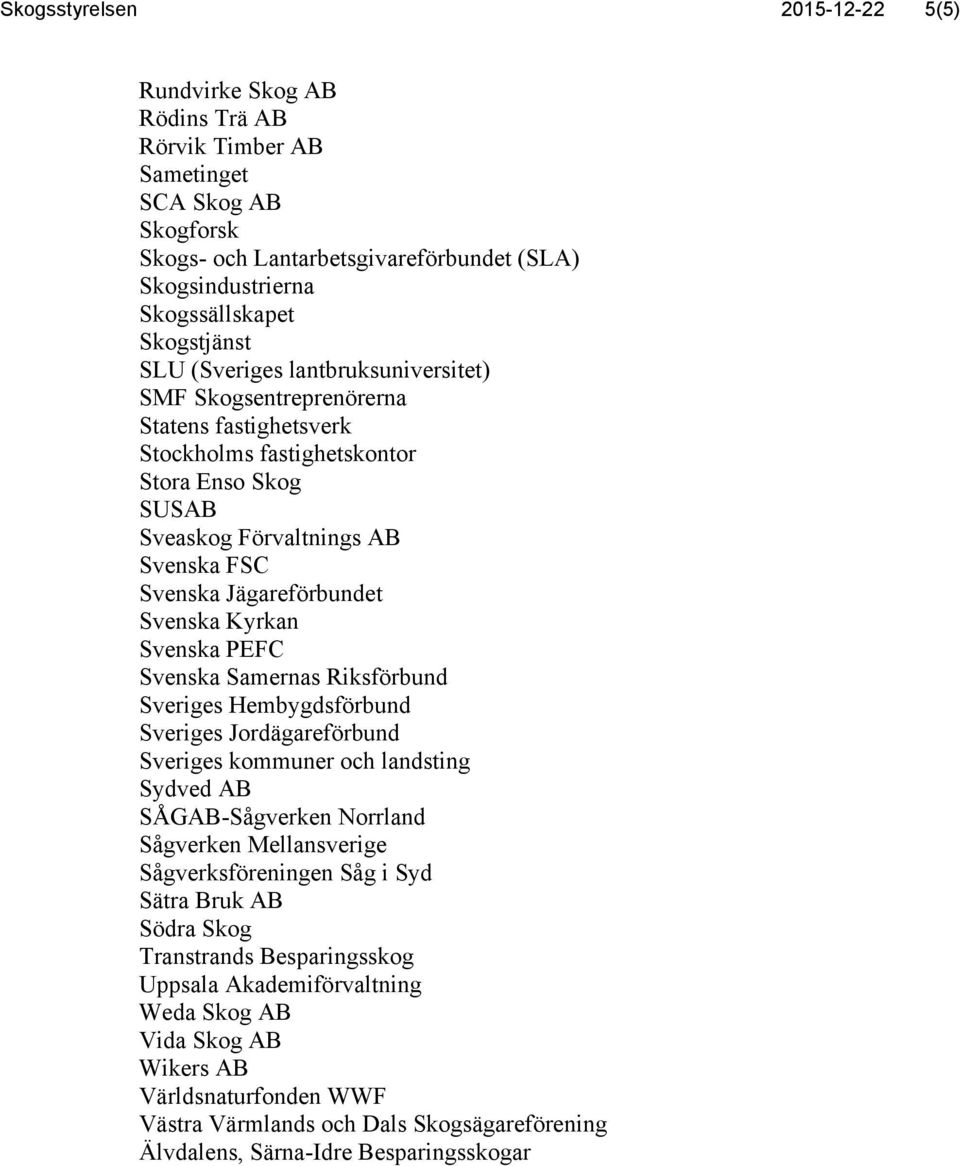 Jägareförbundet Svenska Kyrkan Svenska PEFC Svenska Samernas Riksförbund Sveriges Hembygdsförbund Sveriges Jordägareförbund Sveriges kommuner och landsting Sydved AB SÅGAB-Sågverken Norrland