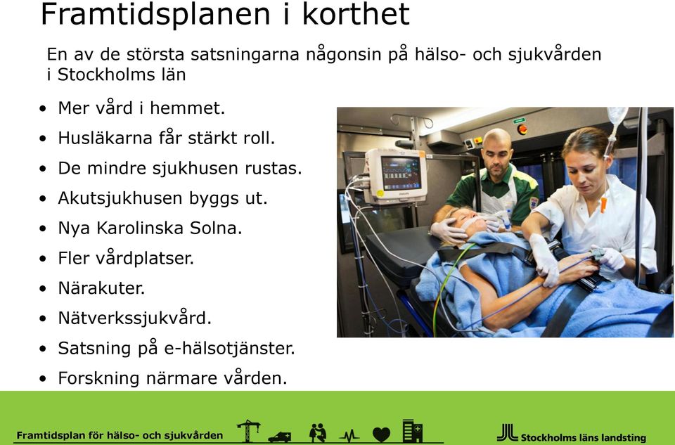 Akutsjukhusen byggs ut. Nya Karolinska Solna. Fler vårdplatser. Närakuter. Nätverkssjukvård.