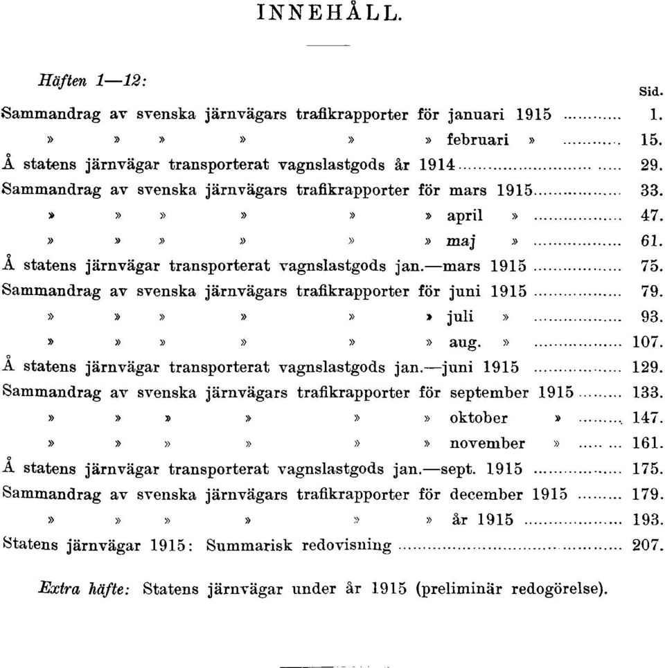 Sammandrag av svenska järnvägars trafikrapporter för maj 1915 61. Å statens järnvägar transporterat vagnslastgods jan. mars 1915 75. Sammandrag av svenska järnvägars trafikrapporter för juni 1915 79.