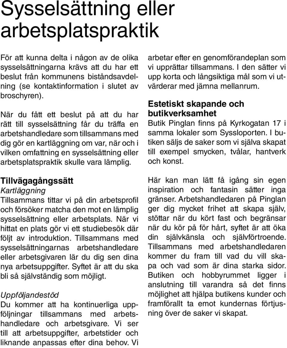 När du fått ett beslut på att du har rätt till sysselsättning får du träffa en arbetshandledare som tillsammans med dig gör en kartläggning om var, när och i vilken omfattning en sysselsättning eller