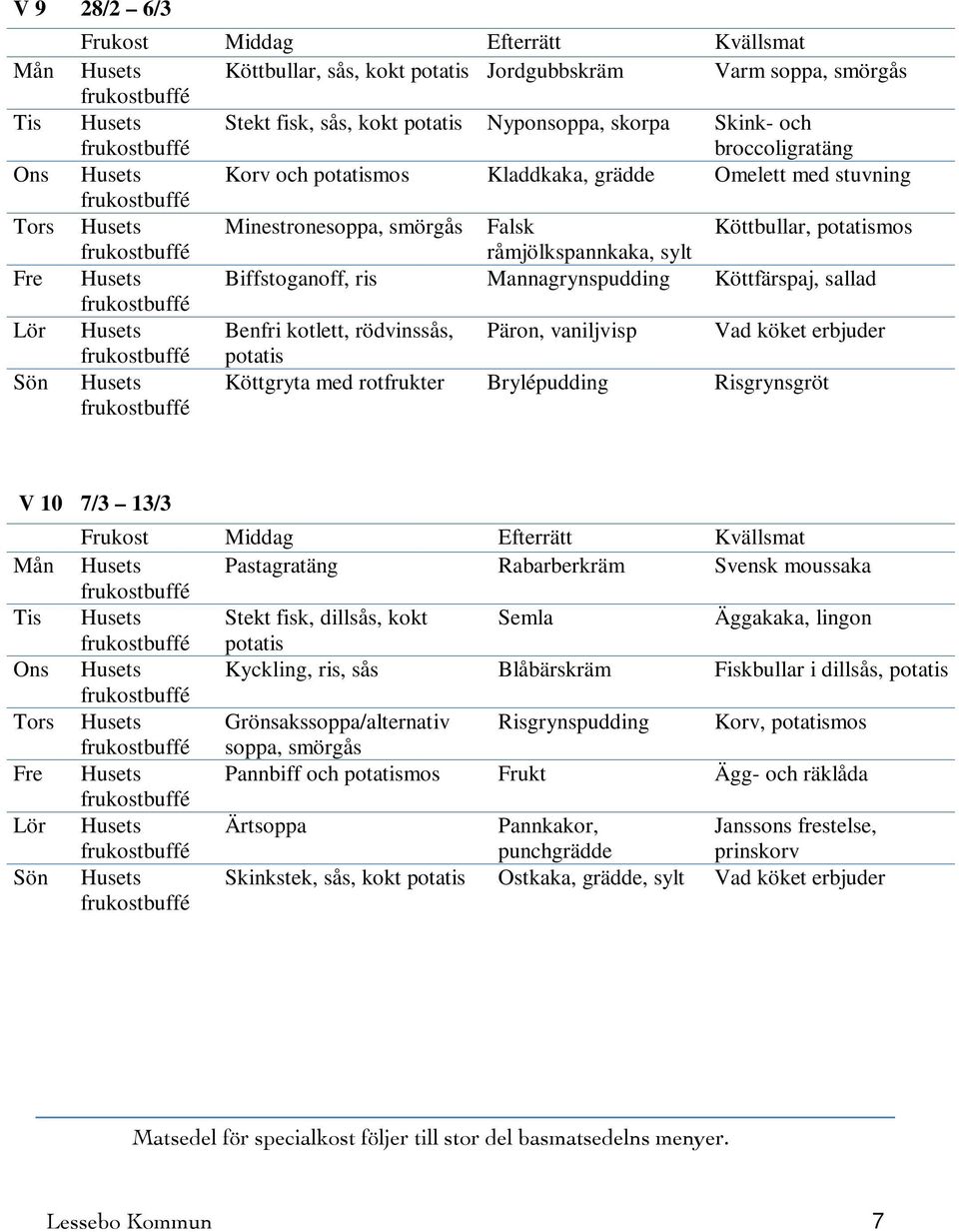 rödvinssås, Päron, vaniljvisp Vad köket erbjuder Köttgryta med rotfrukter Brylépudding Risgrynsgröt V 10 7/3 13/3 Mån Husets Pastagratäng Rabarberkräm Svensk moussaka Tis Husets Stekt fisk, dillsås,
