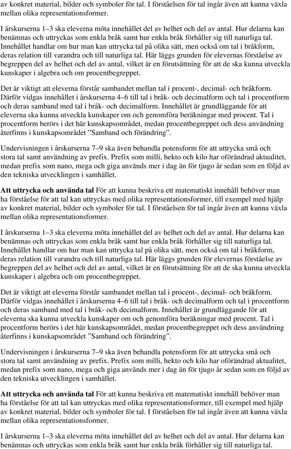 Innehållet handlar om hur man kan uttrycka tal på olika sätt, men också om tal i bråkform, deras relation till varandra och till naturliga tal.