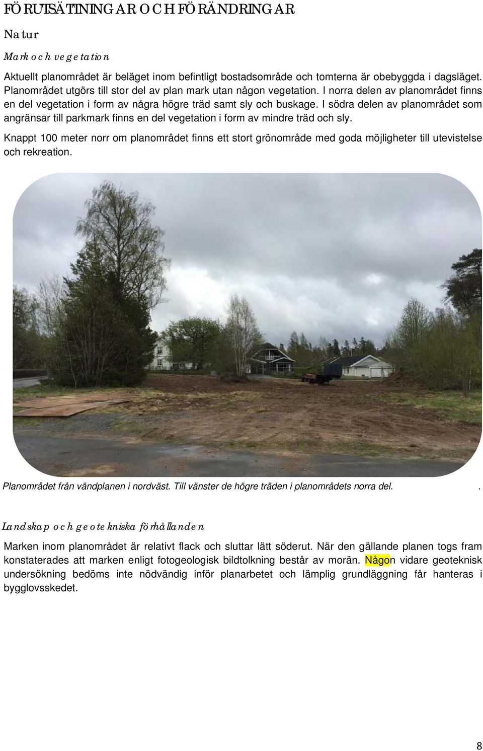I södra delen av planområdet som angränsar till parkmark finns en del vegetation i form av mindre träd och sly.