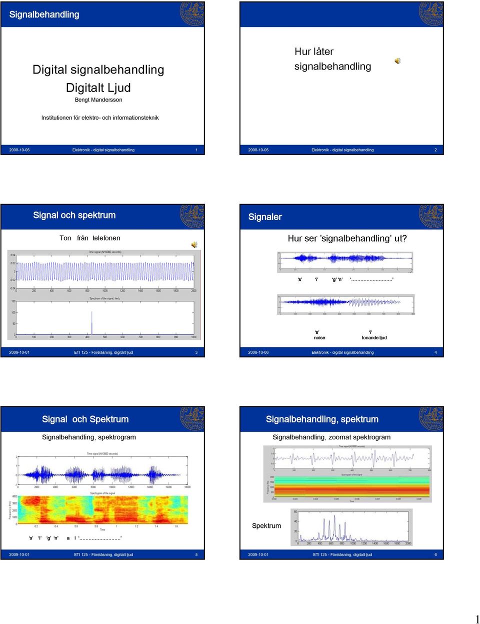s i g n s noise i tonande ljud 2009-10-01 ETI 125 - Föreläsning, digitalt ljud 3 2008-10-06 Elektronik - digital signalbehandling 4 Signal och Signalbehandling,