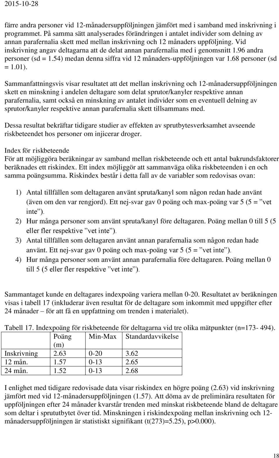 Vid inskrivning angav deltagarna att de delat annan parafernalia med i genomsnitt 1.96 andra personer (sd = 1.54) medan denna siffra vid 12 månaders-uppföljningen var 1.68 personer (sd = 1.01).