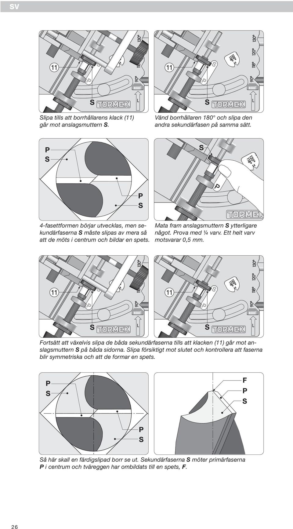 Prova med ¼ varv. Ett helt varv motsvarar 0,5 mm. Fortsätt att växelvis slipa de båda sekundärfaserna tills att klacken (11) går mot anslagsmuttern S på båda sidorna.