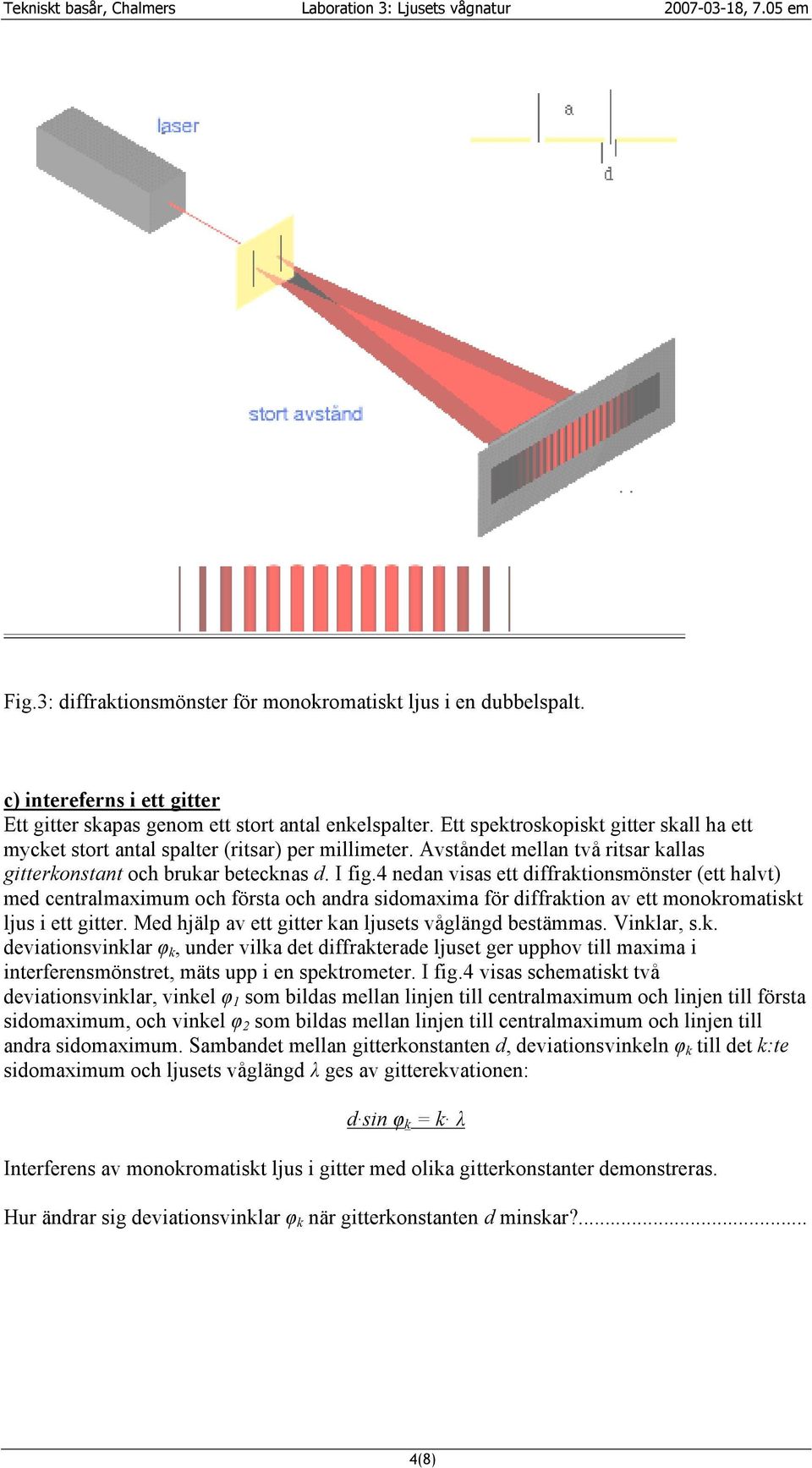 4 nedan visas ett diffraktionsmönster (ett halvt) med centralmaximum och första och andra sidomaxima för diffraktion av ett monokromatiskt ljus i ett gitter.