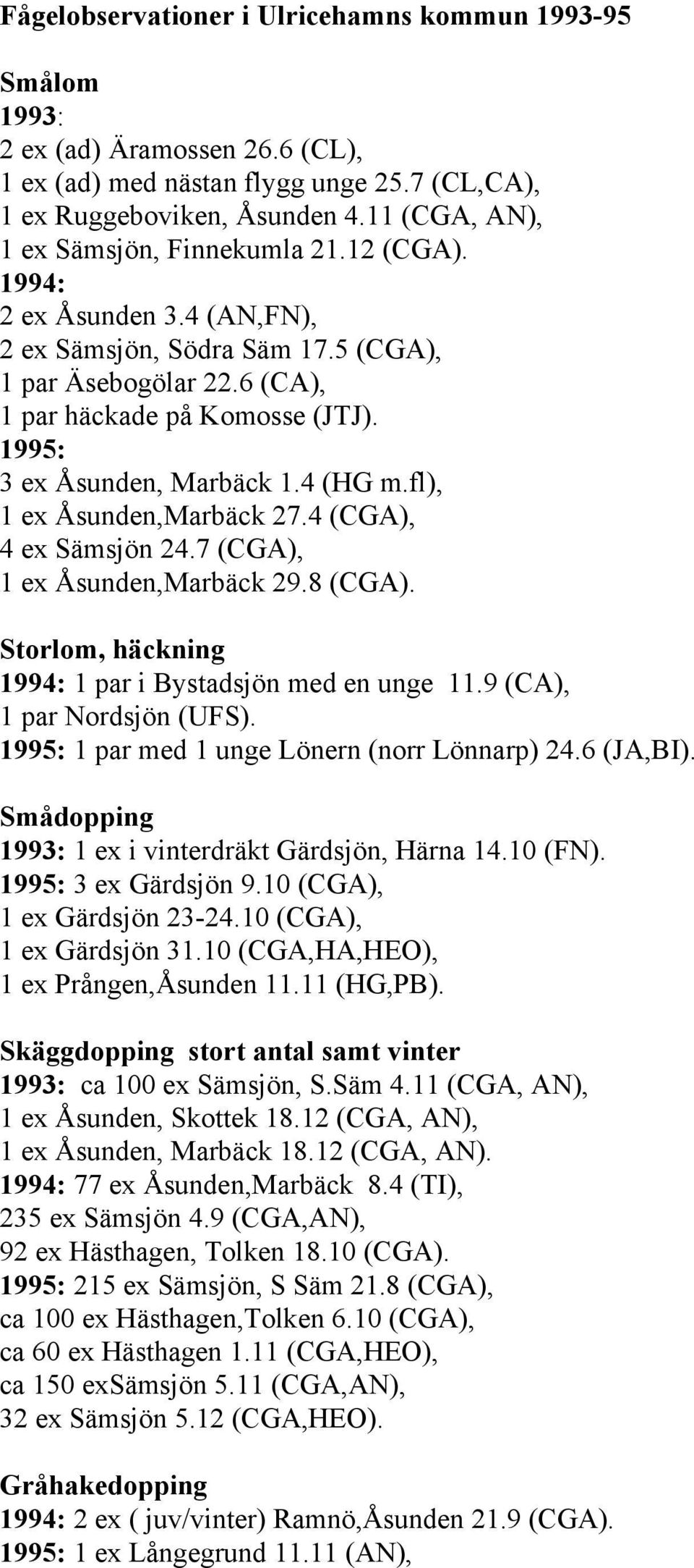 1995: 3 ex Åsunden, Marbäck 1.4 (HG m.fl), 1 ex Åsunden,Marbäck 27.4 (CGA), 4 ex Sämsjön 24.7 (CGA), 1 ex Åsunden,Marbäck 29.8 (CGA). Storlom, häckning 1994: 1 par i Bystadsjön med en unge 11.