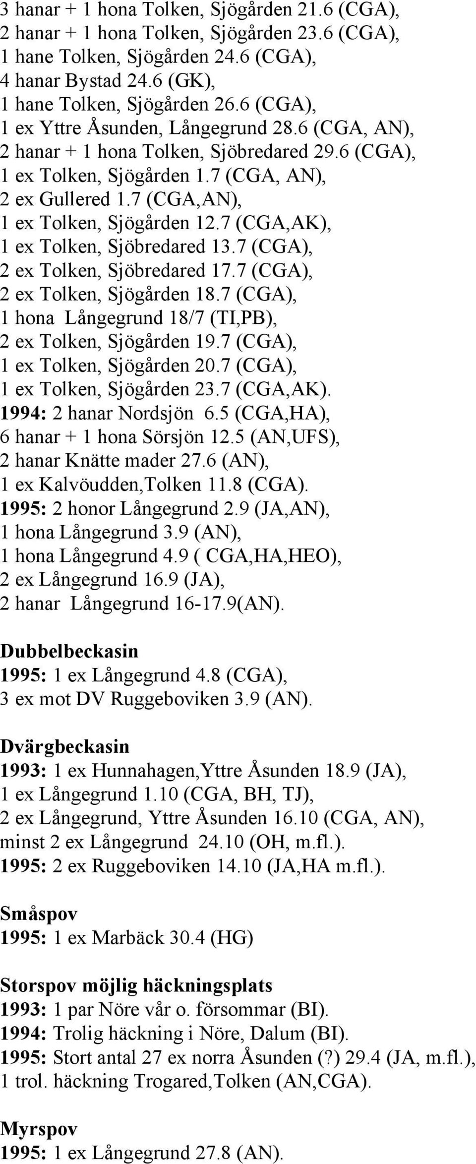 7 (CGA,AK), 1 ex Tolken, Sjöbredared 13.7 (CGA), 2 ex Tolken, Sjöbredared 17.7 (CGA), 2 ex Tolken, Sjögården 18.7 (CGA), 1 hona Långegrund 18/7 (TI,PB), 2 ex Tolken, Sjögården 19.