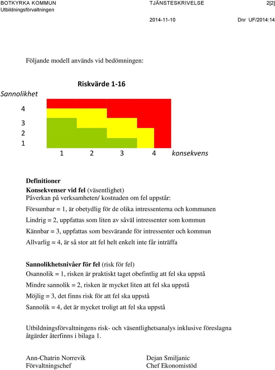 kommun Kännbar = 3, uppfattas som besvärande för intressenter och kommun Allvarlig = 4, är så stor att fel helt enkelt inte får inträffa Sannolikhetsnivåer för fel (risk för fel) Osannolik = 1,