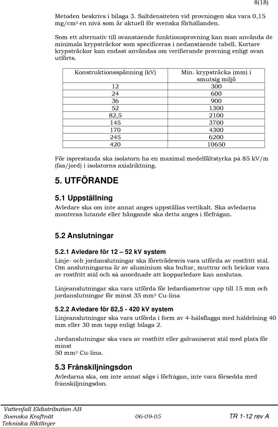 Kortare krypsträckor kan endast användas om verifierande provning enligt ovan utförts. Konstruktionsspänning (kv) Min.