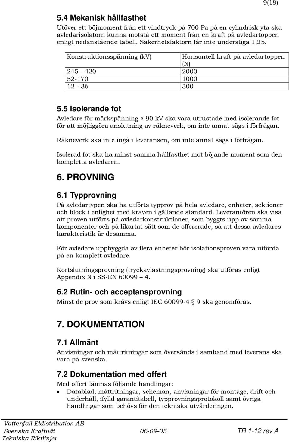 Säkerhetsfaktorn får inte understiga 1,25. Konstruktionsspänning (kv) Horisontell kraft på avledartoppen (N) 245-420 2000 52-170 1000 12-36 300 5.