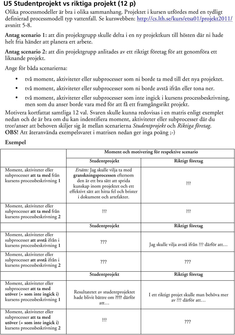 Antag scenario 2: att din projektgrupp anlitades av ett riktigt företag för att genomföra ett liknande projekt.