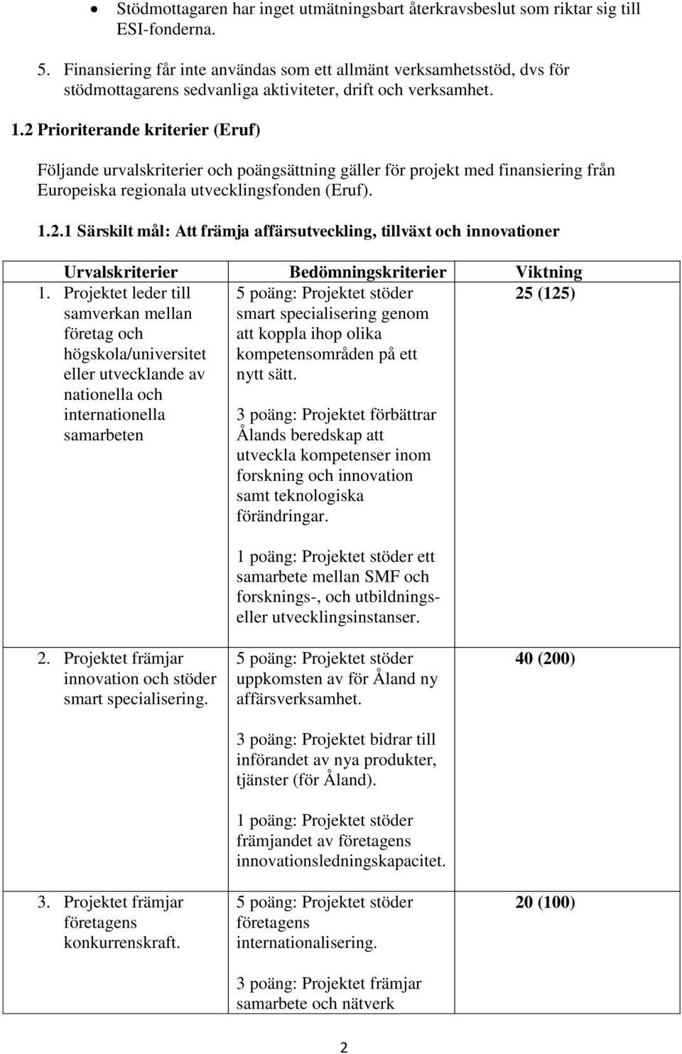 2 Prioriterande kriterier (Eruf) Följande urvalskriterier och poängsättning gäller för projekt med finansiering från Europeiska regionala utvecklingsfonden (Eruf). 1.2.1 Särskilt mål: Att främja affärsutveckling, tillväxt och innovationer 1.