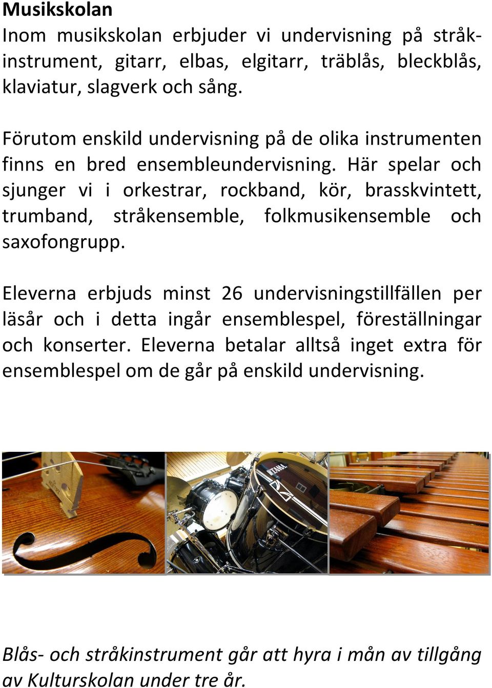 Här spelar och sjunger vi i orkestrar, rockband, kör, brasskvintett, trumband, stråkensemble, folkmusikensemble och saxofongrupp.