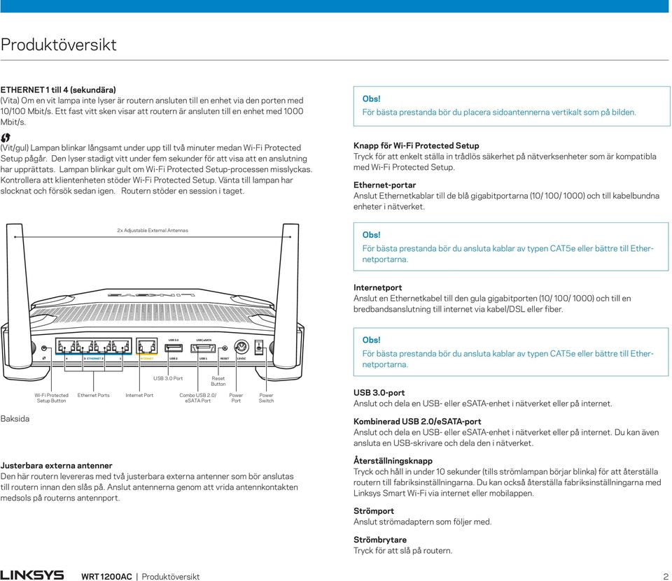(Vit/gul) Lampan blinkar långsamt under upp till två minuter medan Wi-Fi Protected Setup pågår. Den lyser stadigt vitt under fem sekunder för att visa att en anslutning har upprättats.