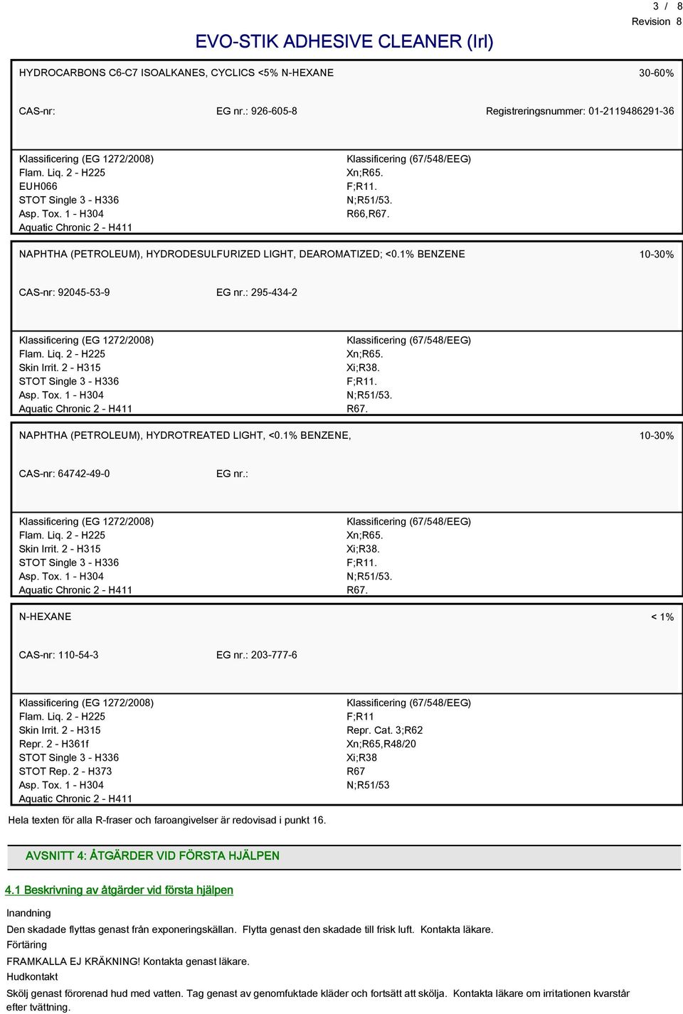 . NAPHTHA (PETROLEUM), HYDROTREATED LIGHT, <0.1% BENZENE, 10-30% CAS-nr: 64742-49-0 EG nr.: Skin Irrit. 2 - H315 Aquatic Chronic 2 - H411 Xn;R65. Xi;R38. F;R11. N;R51/53.