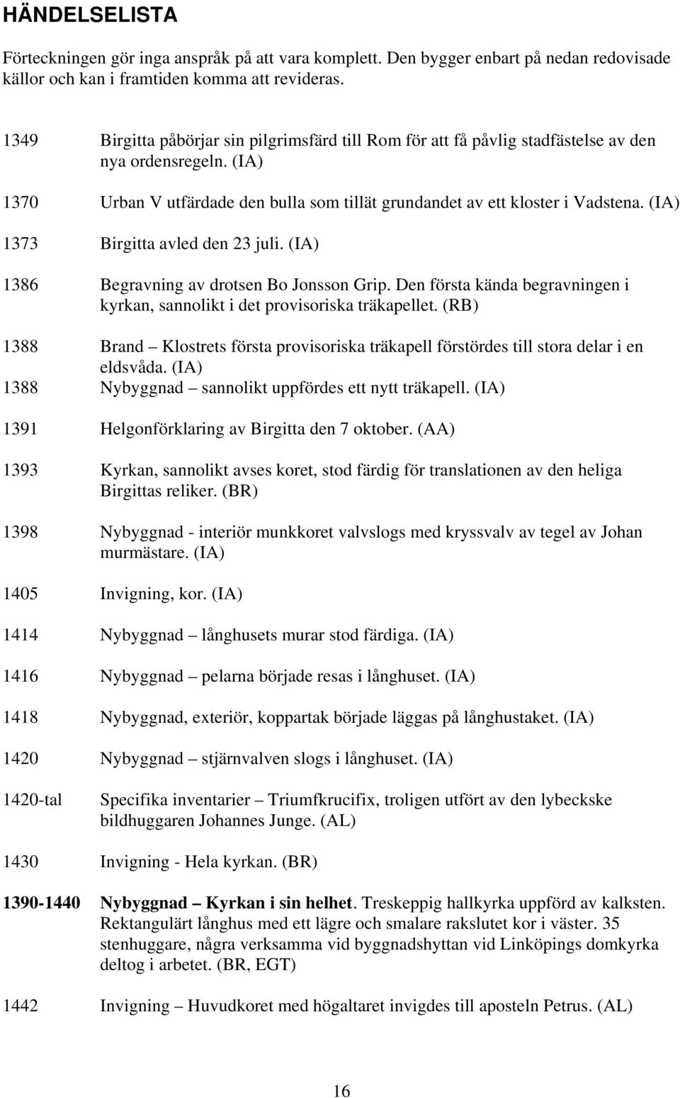(IA) 1373 Birgitta avled den 23 juli. (IA) 1386 Begravning av drotsen Bo Jonsson Grip. Den första kända begravningen i kyrkan, sannolikt i det provisoriska träkapellet.