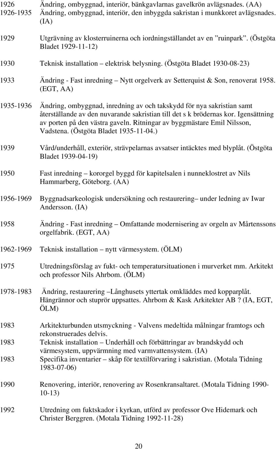 (Östgöta Bladet 1930-08-23) 1933 Ändring - Fast inredning Nytt orgelverk av Setterquist & Son, renoverat 1958.