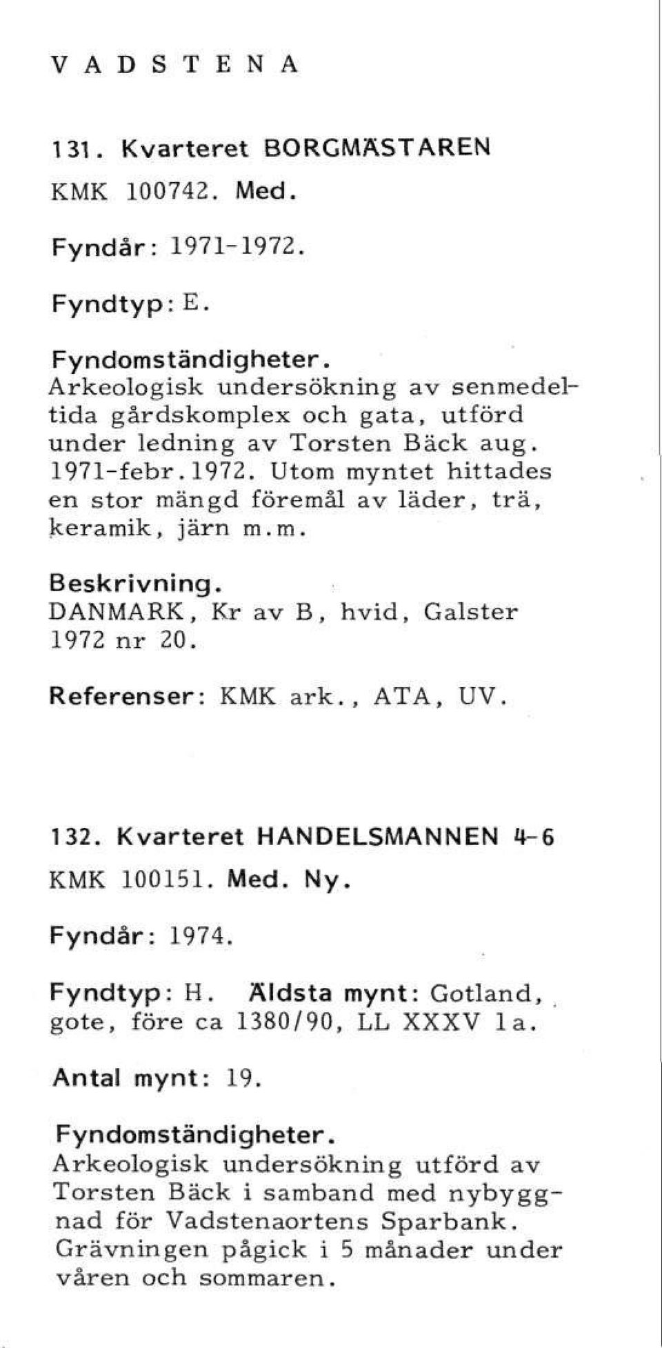 Utom myntet hittades en stor mängd föremål av läder, trä, keramik, järn m.m. DANMARK, Kr av B, hvid, Galster 1972 nr 20. Referenser: KMK ark., ATA, UV. 132.