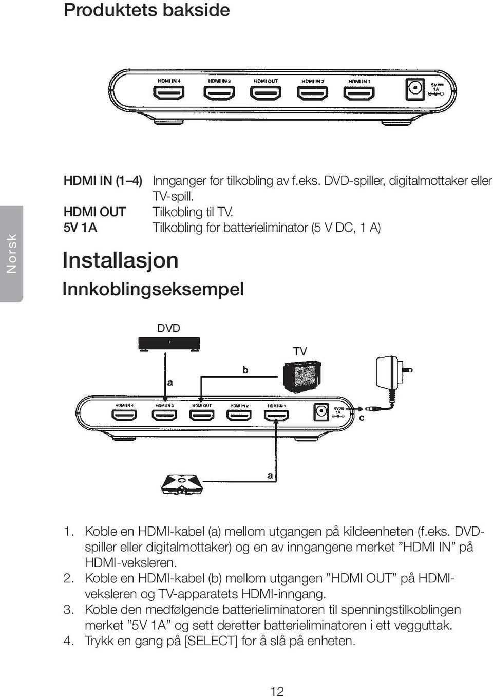 2. Koble en HDMI-kabel (b) mellom utgangen HDMI OUT på HDMIveksleren og TV-apparatets HDMI-inngang. 3.