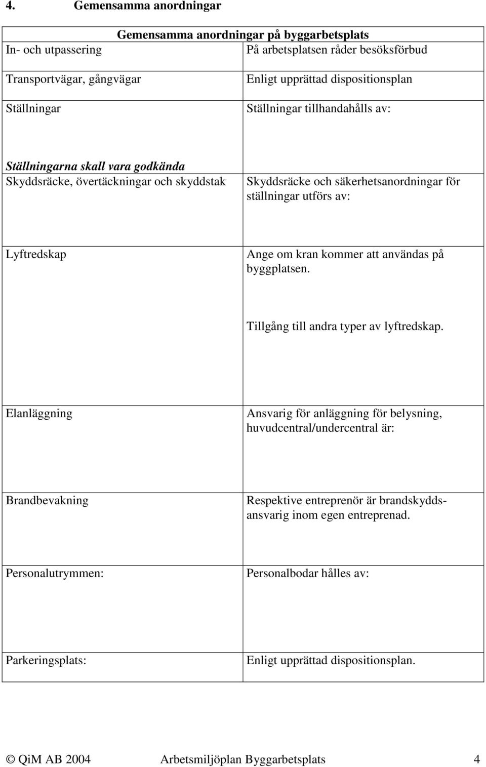 Lyftredskap Ange om kran kommer att användas på byggplatsen. Tillgång till andra typer av lyftredskap.