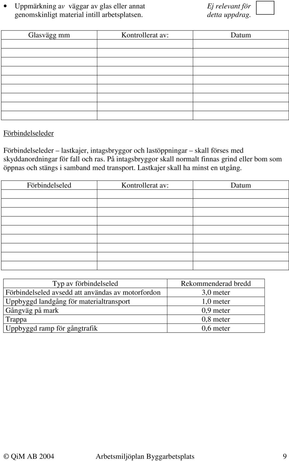 På intagsbryggor skall normalt finnas grind eller bom som öppnas och stängs i samband med transport. Lastkajer skall ha minst en utgång.