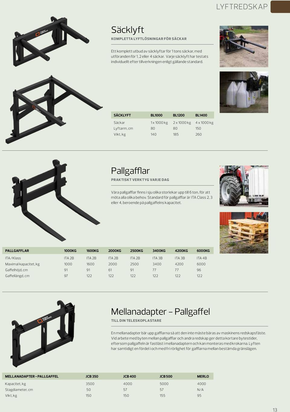 SÄCKLYFT BL1000 BL1200 BL1400 Säckar 1 x 1000 kg 2 x 1000 kg 4 x 1000 kg Lyftarm, cm 80 80 150 Vikt, kg 140 185 260 Pallgafflar PRAKTISKT VERKTYG VARJE DAG Våra pallgafflar finns i sju olika