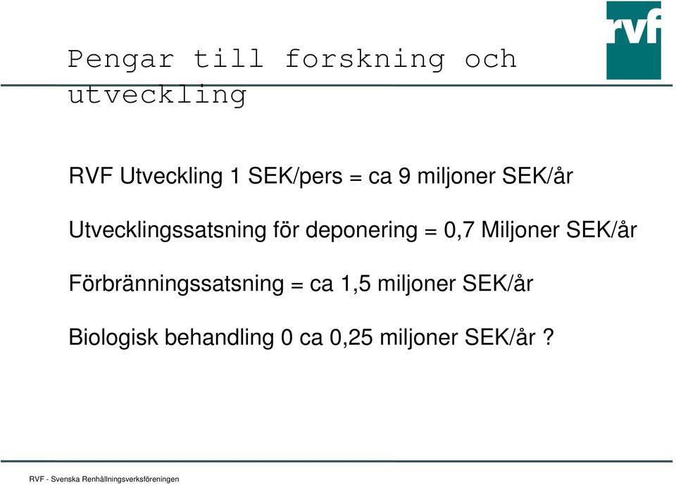 deponering = 0,7 Miljoner SEK/år Förbränningssatsning = ca