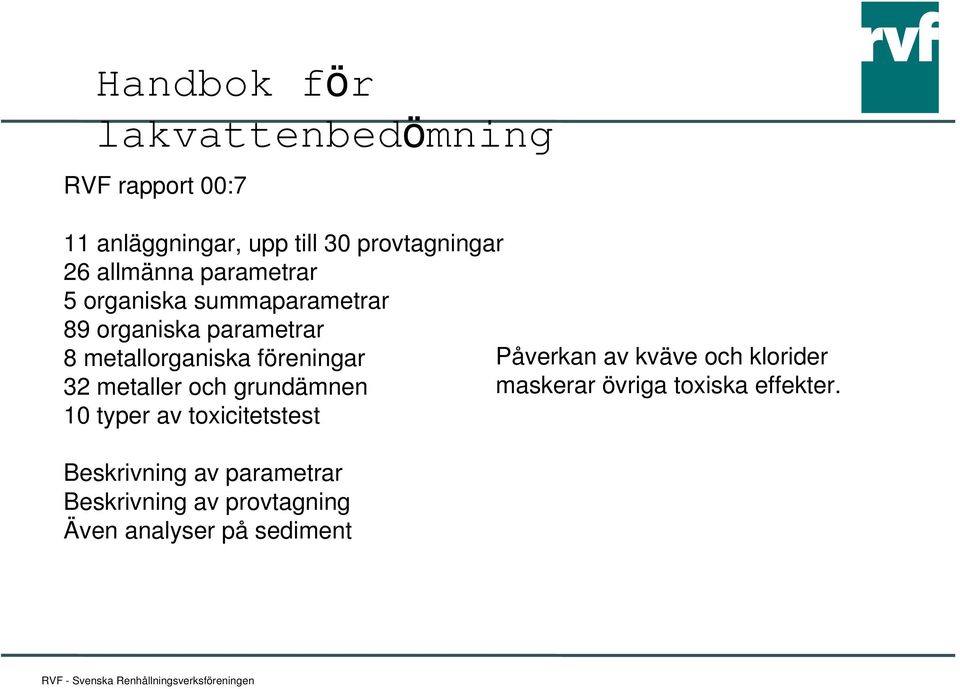 föreningar 32 metaller och grundämnen 10 typer av toxicitetstest Beskrivning av parametrar