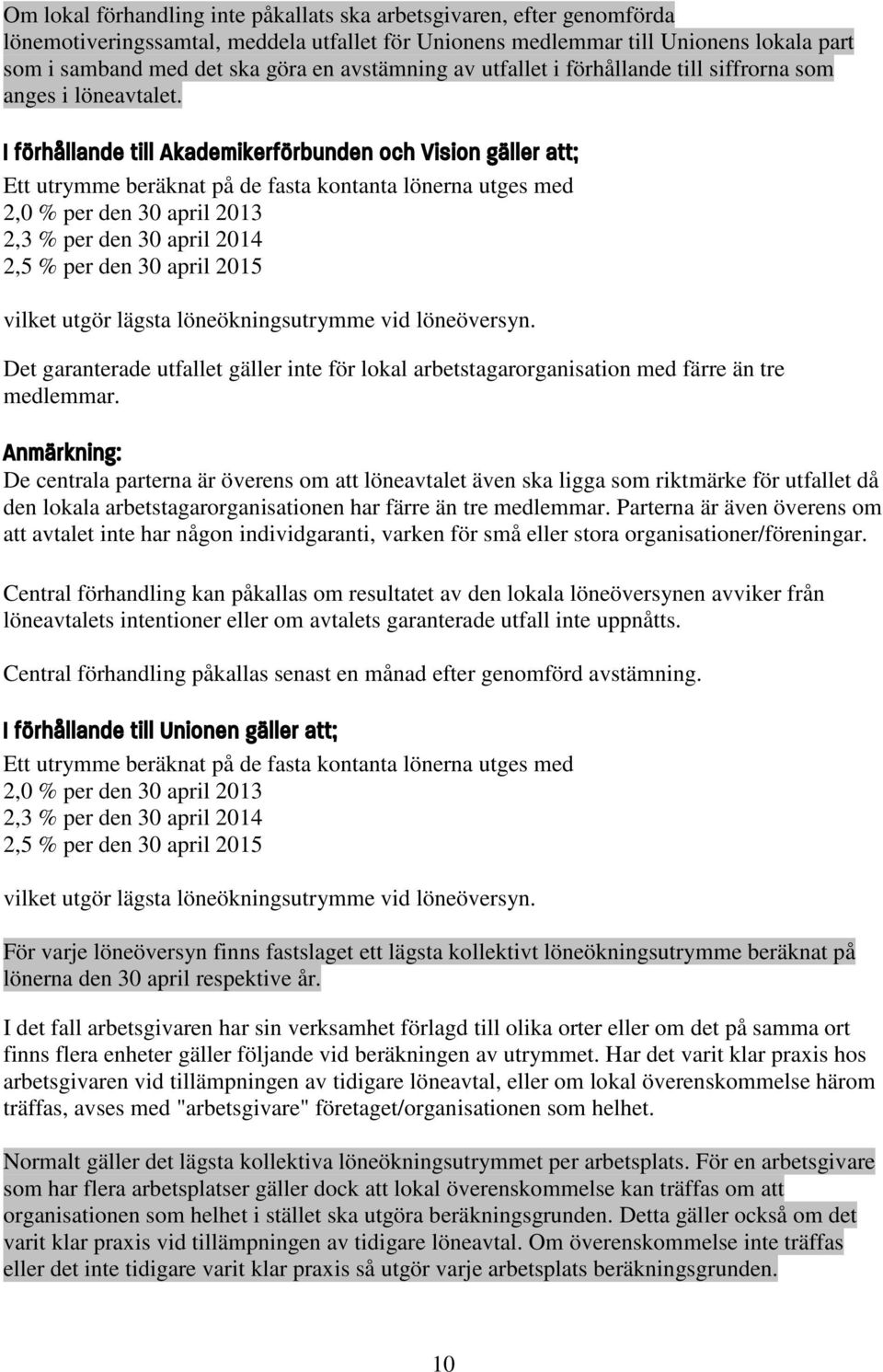 I förhållande till Akademikerförbunden och Vision gäller att; Ett utrymme beräknat på de fasta kontanta lönerna utges med 2,0 % per den 30 april 2013 2,3 % per den 30 april 2014 2,5 % per den 30