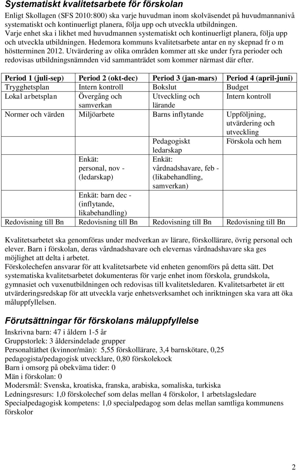 Hedemora kommuns kvalitetsarbete antar en ny skepnad fr o m höstterminen 2012.