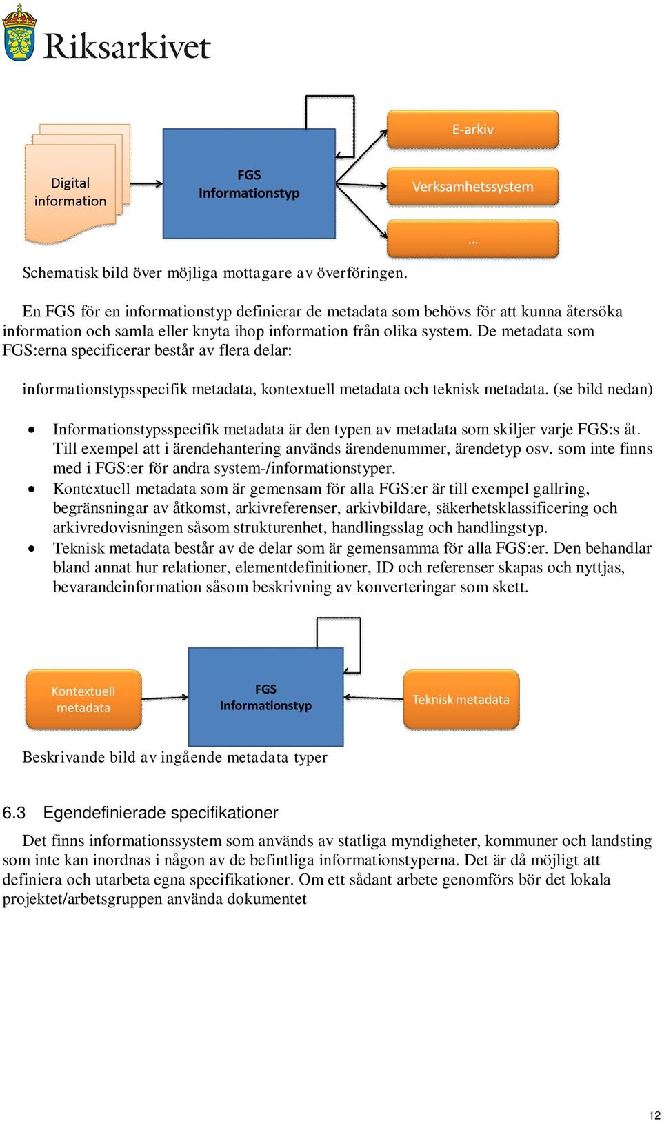 De metadata som FGS:erna specificerar består av flera delar: informationstypsspecifik metadata, kontextuell metadata och teknisk metadata.