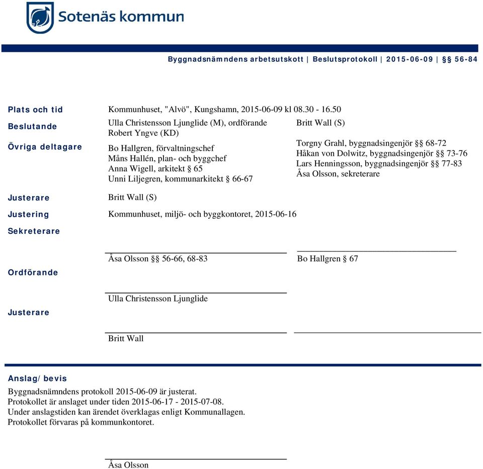 kommunarkitekt 66-67 Britt Wall (S) Torgny Grahl, byggnadsingenjör 68-72 Håkan von Dolwitz, byggnadsingenjör 73-76 Lars Henningsson, byggnadsingenjör 77-83 Åsa Olsson, sekreterare Justerare Britt