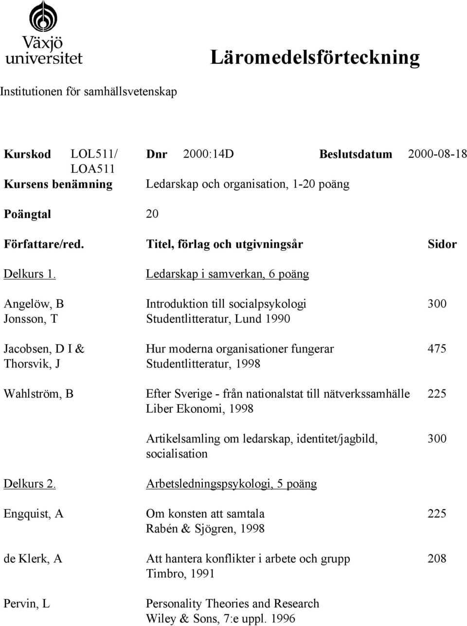 Engquist, A de Klerk, A Pervin, L Ledarskap i samverkan, 6 poäng Introduktion till socialpsykologi Studentlitteratur, Lund 1990 Hur moderna organisationer fungerar Studentlitteratur, 1998 Efter