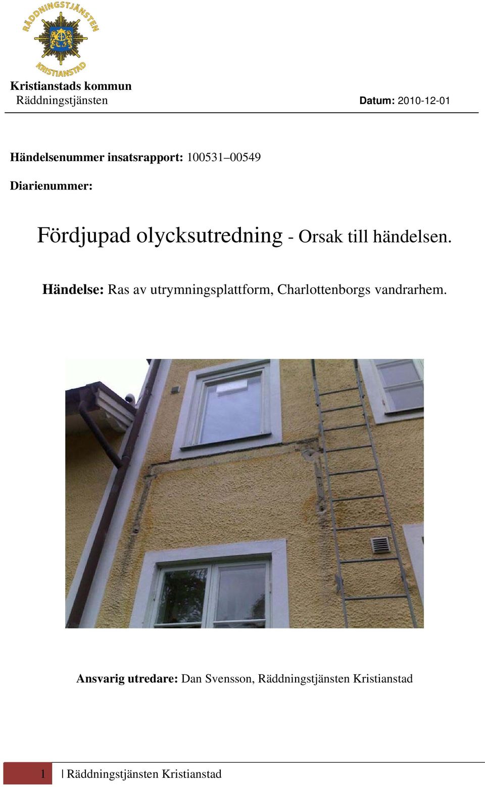 Händelse: Ras av utrymningsplattform, Charlottenborgs vandrarhem.