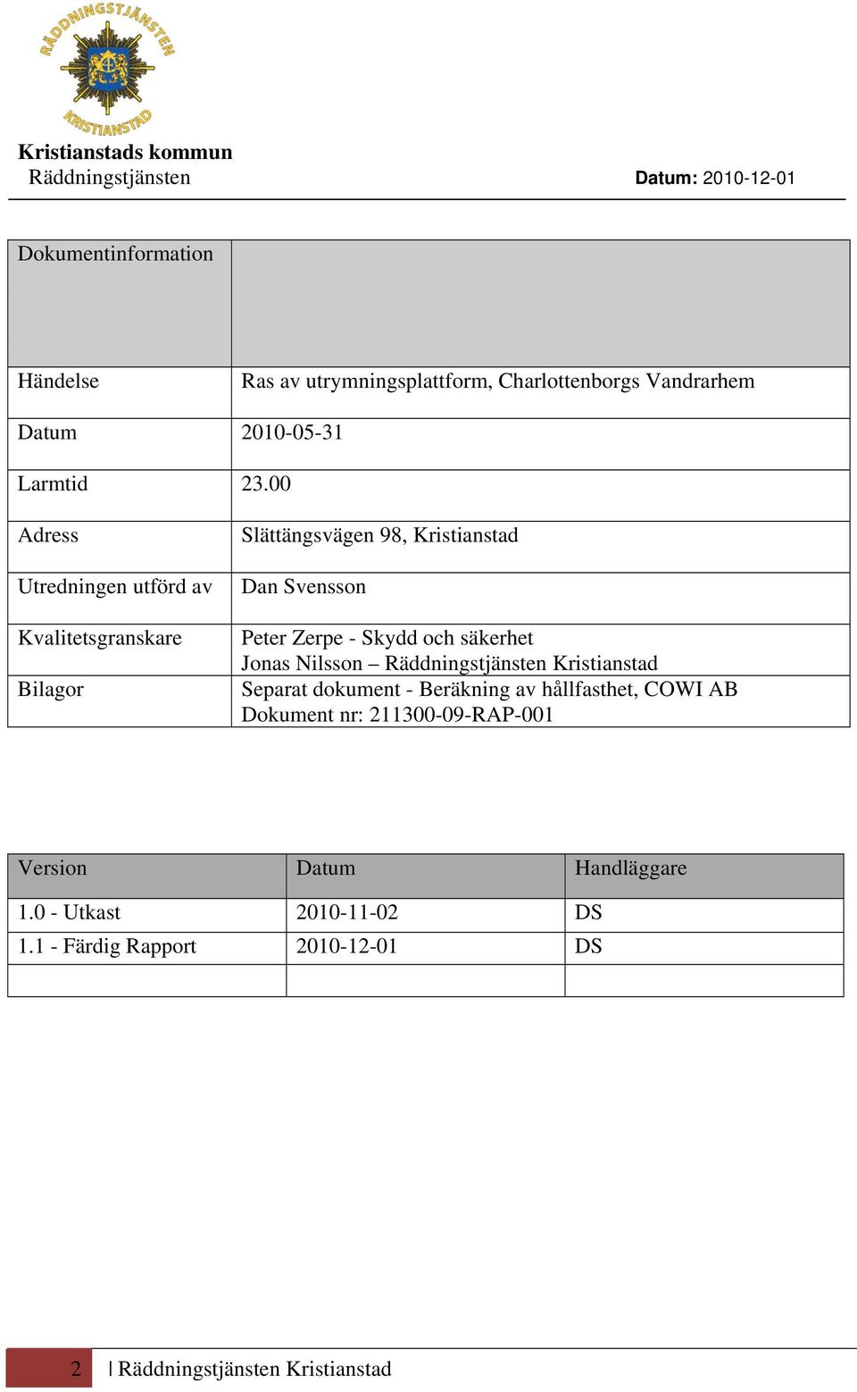 och säkerhet Jonas Nilsson Räddningstjänsten Kristianstad Separat dokument - Beräkning av hållfasthet, COWI AB Dokument nr: