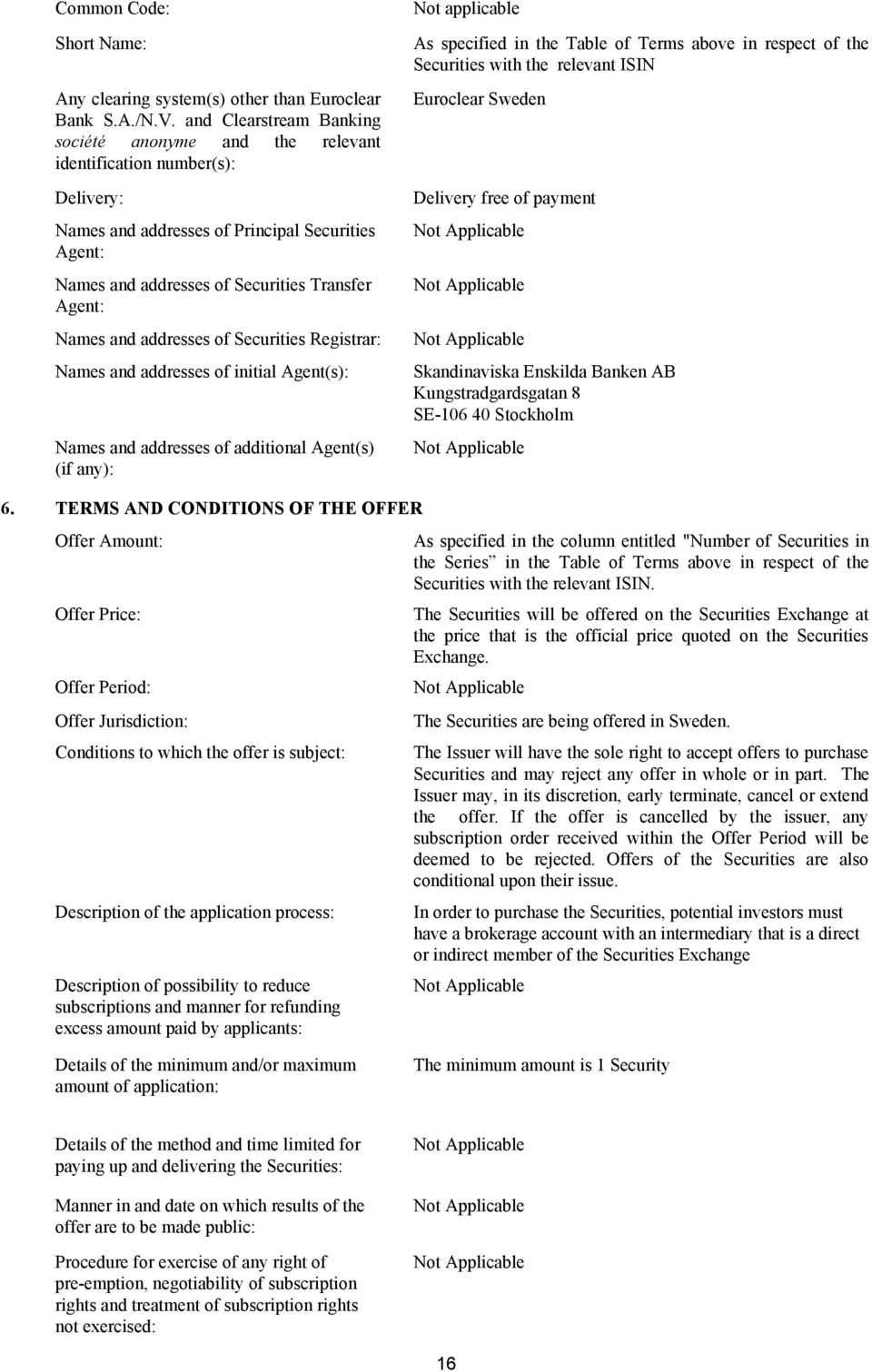 and addresses of Securities Registrar: Names and addresses of initial Agent(s): Names and addresses of additional Agent(s) (if any): Not applicable As specified in the Table of Terms above in respect