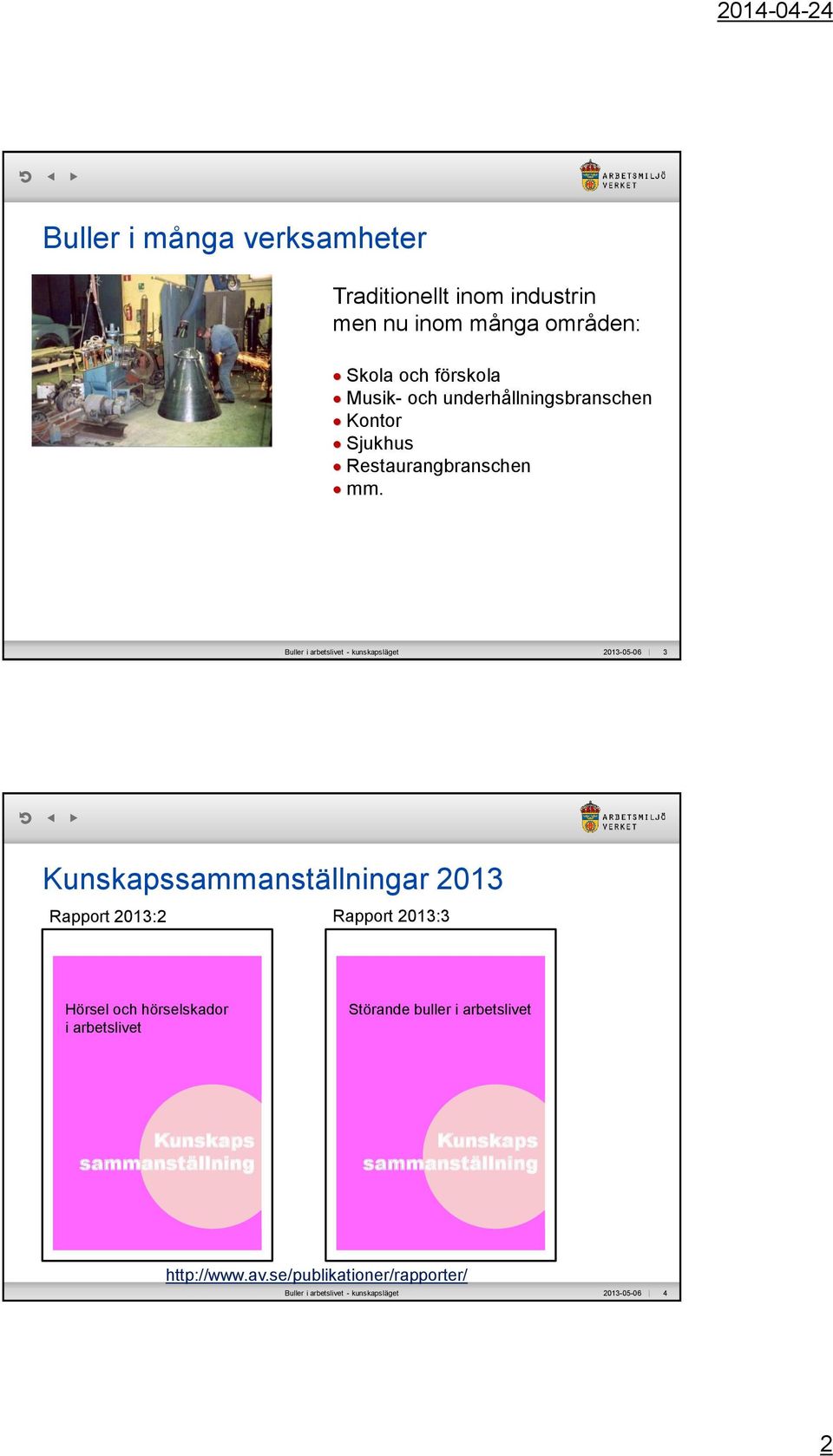 Buller i arbetslivet - kunskapsläget 2013-05-06 3 Kunskapssammanställningar 2013 Rapport 2013:2 Rapport 2013:3 Hörsel och