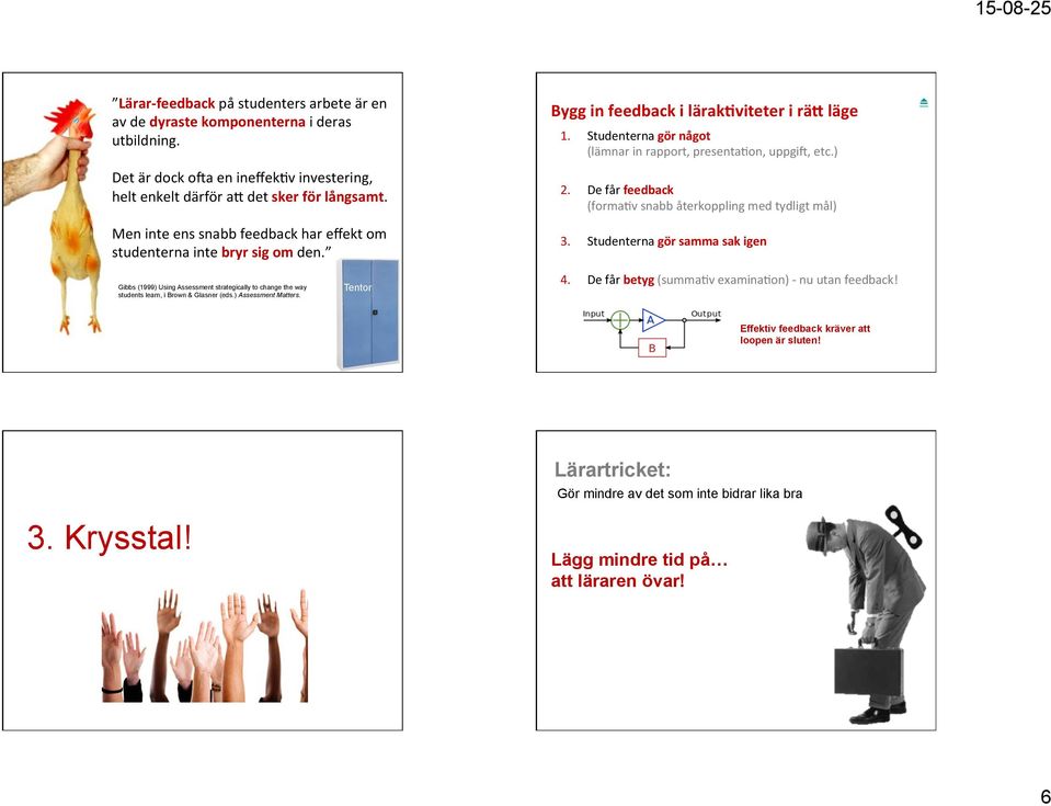 De får feedback (formadv snabb återkoppling med tydligt mål) 3. Studenterna gör samma sak igen Gibbs (1999) Using Assessment strategically to change the way students learn, i Brown & Glasner (eds.