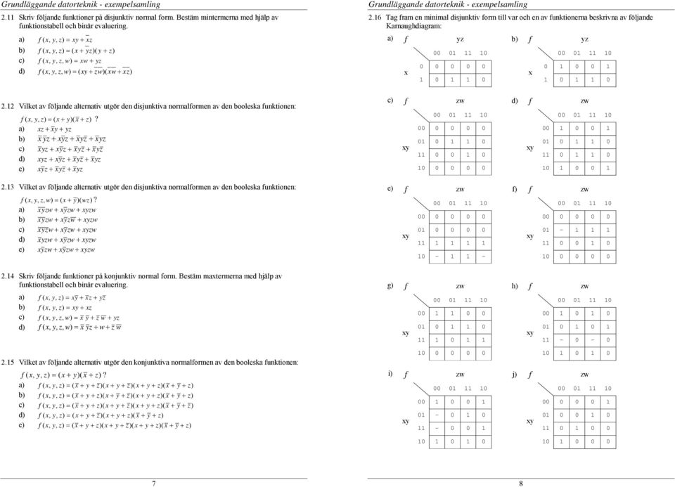 6 Tag fram en minimal disjunktiv form till var och en av funktionerna beskrivna av följande Karnaughdiagram: a) f z f z 00 0 0 00 0 0 0 0 0 0 0 0 0 0 0 0 0 0 2.