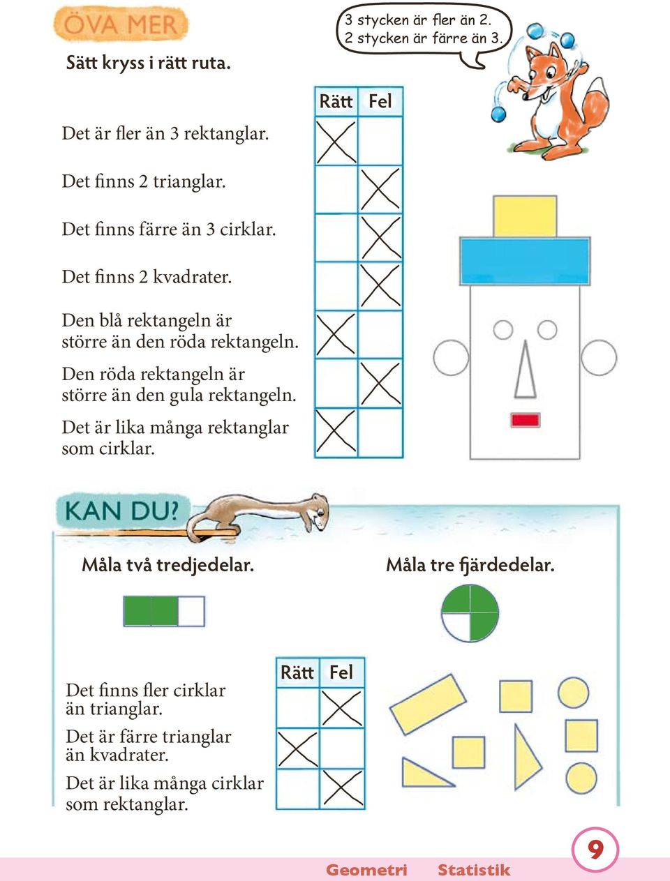 Den blå rektangeln är större än den röda rektangeln. Den röda rektangeln är större än den gula rektangeln.