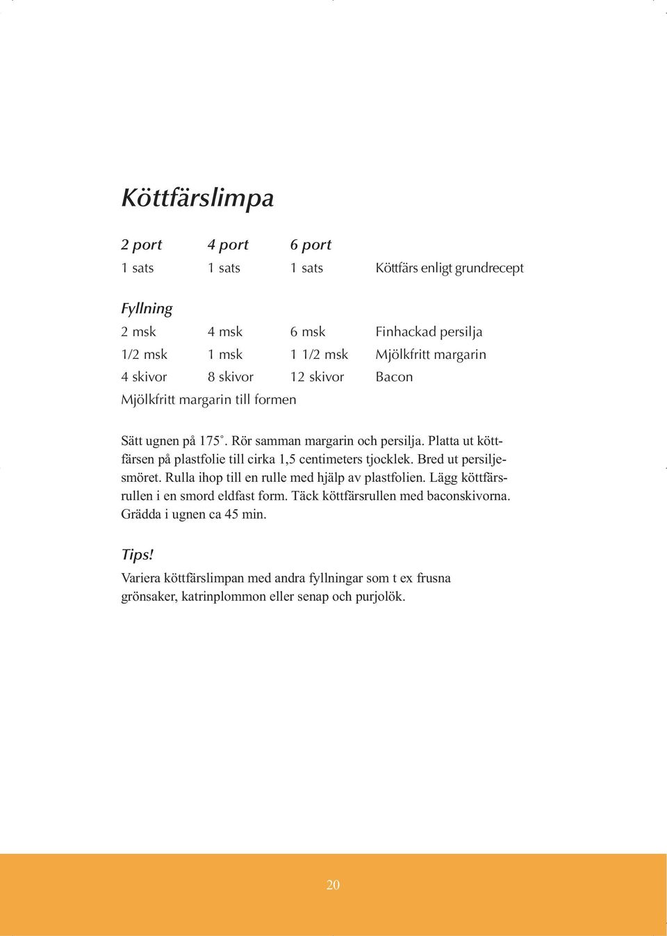 Platta ut köttfärsen på plastfolie till cirka 1,5 centimeters tjocklek. Bred ut persiljesmöret. Rulla ihop till en rulle med hjälp av plastfolien.