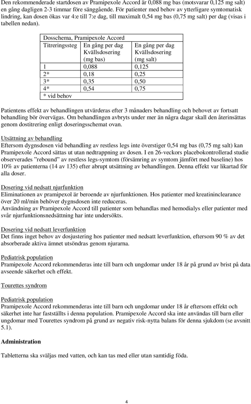 Dosschema, Pramipexole Accord Titreringssteg En gång per dag Kvällsdosering (mg bas) En gång per dag Kvällsdosering (mg salt) 1 0,088 0,125 2* 0,18 0,25 3* 0,35 0,50 4* 0,54 0,75 * vid behov