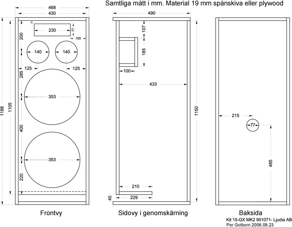 eller plywood Frontvy Sidovy