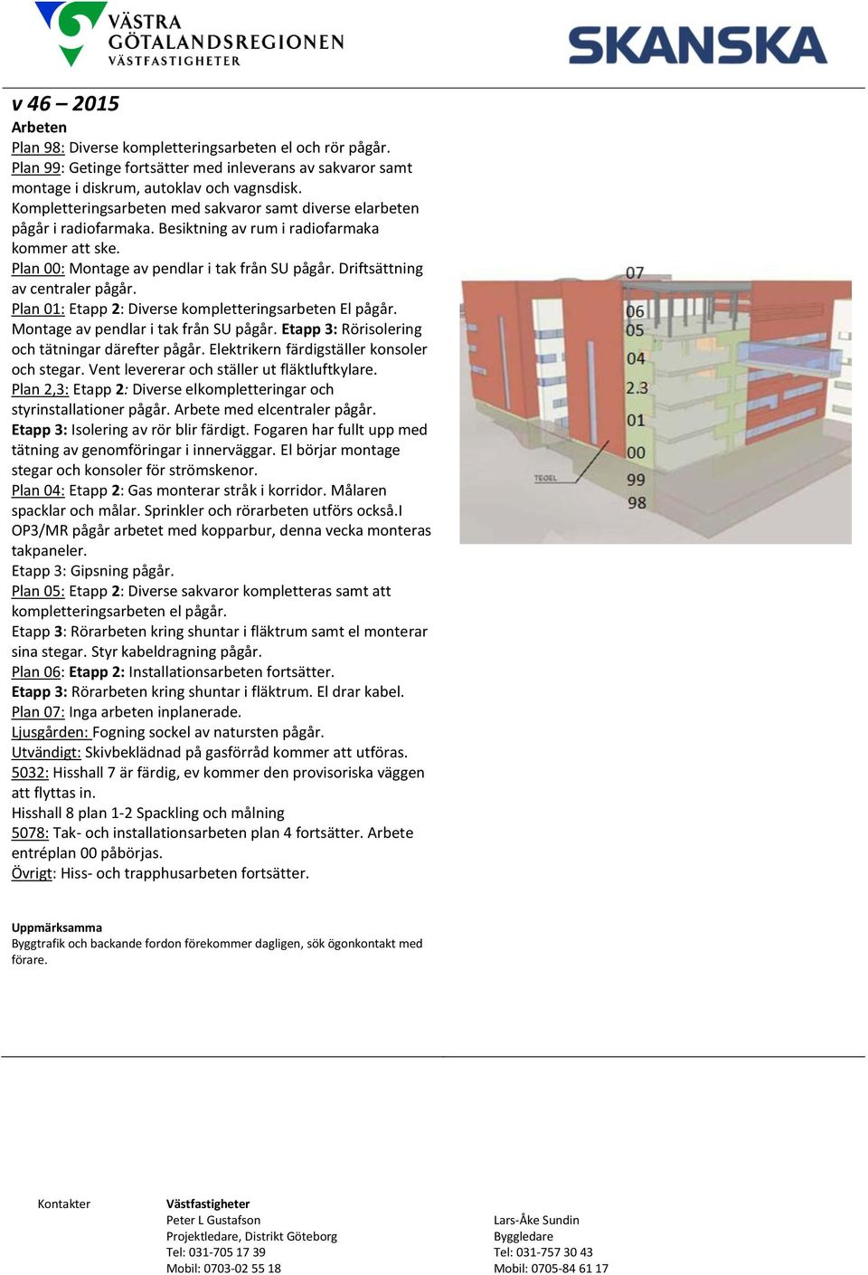 Montage av pendlar i tak från SU pågår. Etapp 3: Rörisolering och tätningar därefter pågår. Elektrikern färdigställer konsoler och stegar. Vent levererar och ställer ut fläktluftkylare.